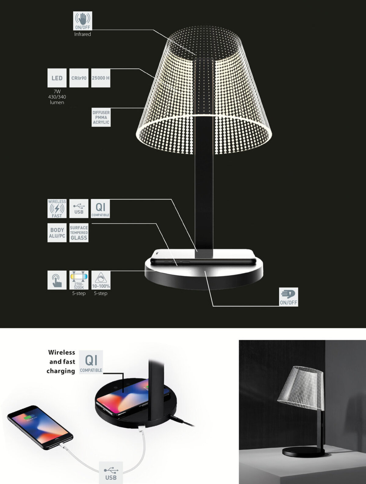 Lampada con ricarica wireless Illusion Led Bot Lighting con regolazione  della luminosità e temperatura 4126297